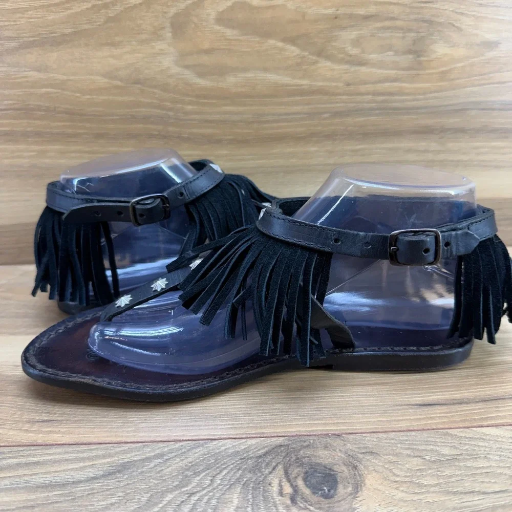 El Campero‎ Fringe Sandals Womens 7 EU 37 T Strap Ankle Strap Studs ITALY Black